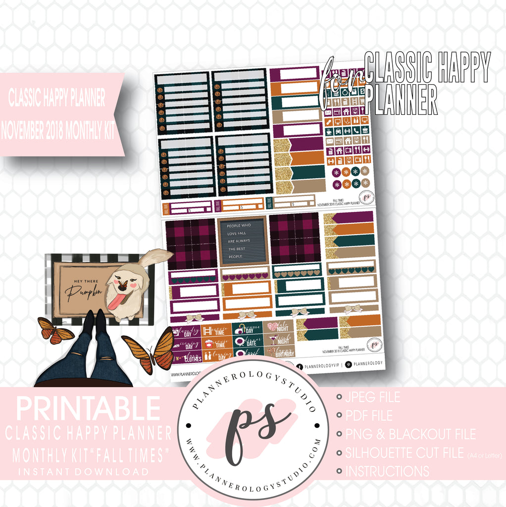Fall Times November 2018 Monthly View Kit Digital Printable Planner Stickers (for use with Classic Happy Planner) - Plannerologystudio