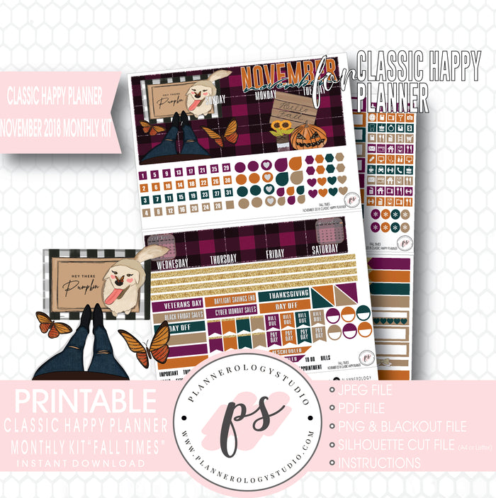 Fall Times November 2018 Monthly View Kit Digital Printable Planner Stickers (for use with Classic Happy Planner) - Plannerologystudio