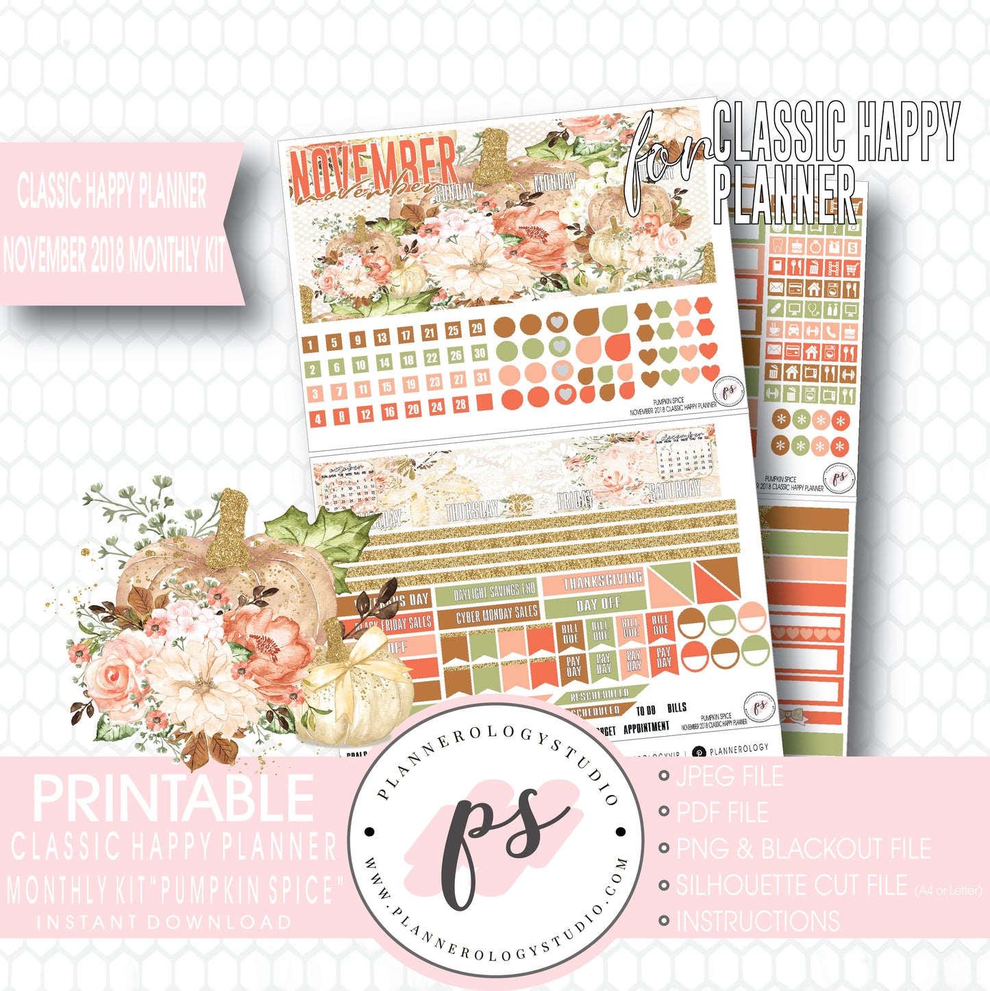Pumpkin Spice November 2018 Monthly View Kit Digital Printable Planner Stickers (for use with Classic Happy Planner) - Plannerologystudio