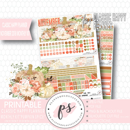 Pumpkin Spice November 2018 Monthly View Kit Digital Printable Planner Stickers (for use with Classic Happy Planner) - Plannerologystudio