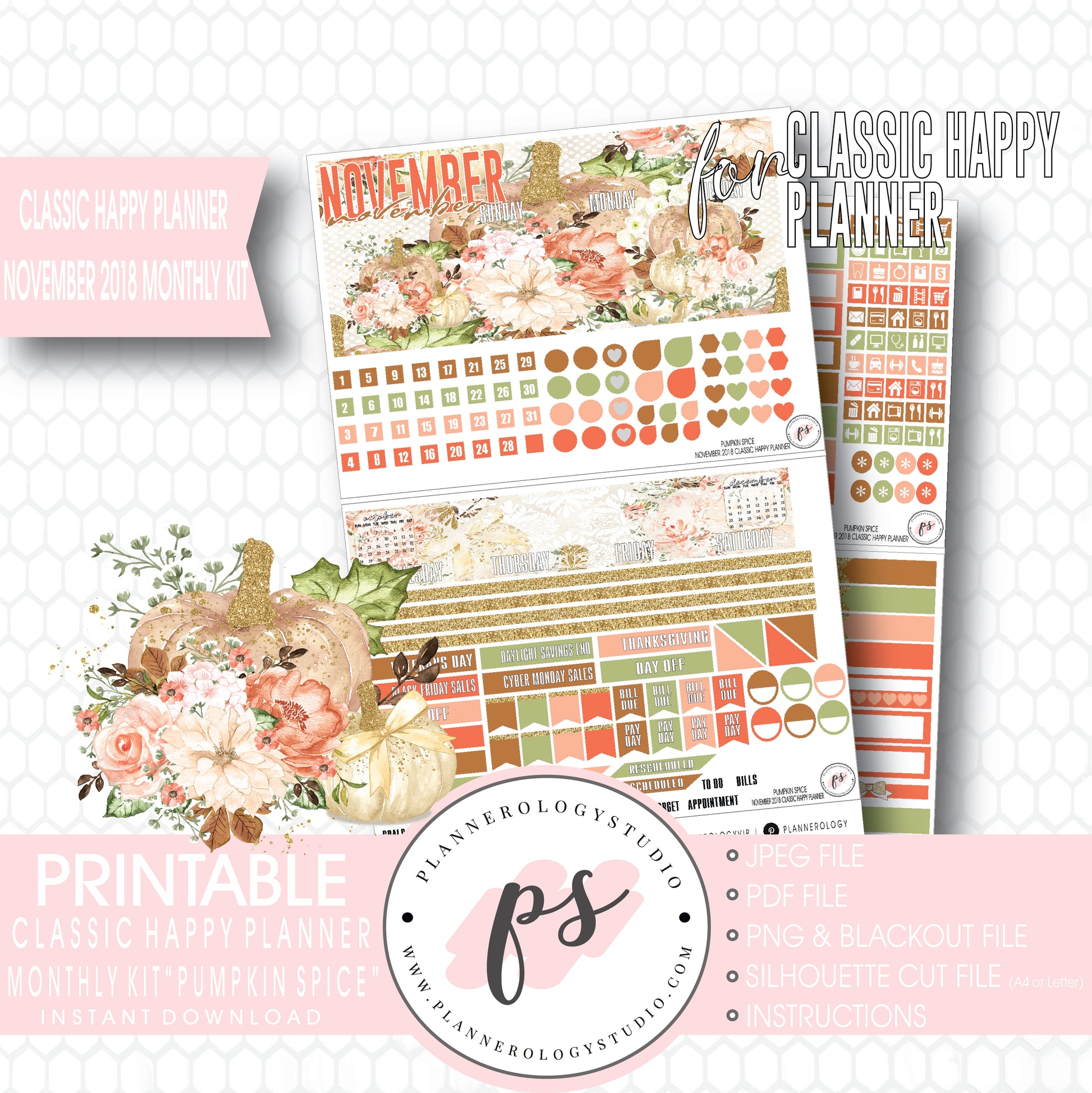 Pumpkin Spice November 2018 Monthly View Kit Digital Printable Planner Stickers (for use with Classic Happy Planner) - Plannerologystudio