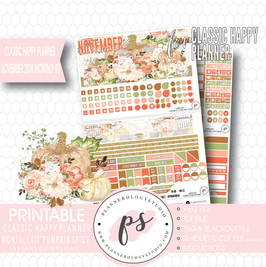 Pumpkin Spice November 2018 Monthly View Kit Digital Printable Planner Stickers (for use with Classic Happy Planner) - Plannerologystudio