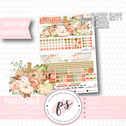 Pumpkin Spice November 2018 Monthly View Kit Digital Printable Planner Stickers (for use with Classic Happy Planner) - Plannerologystudio