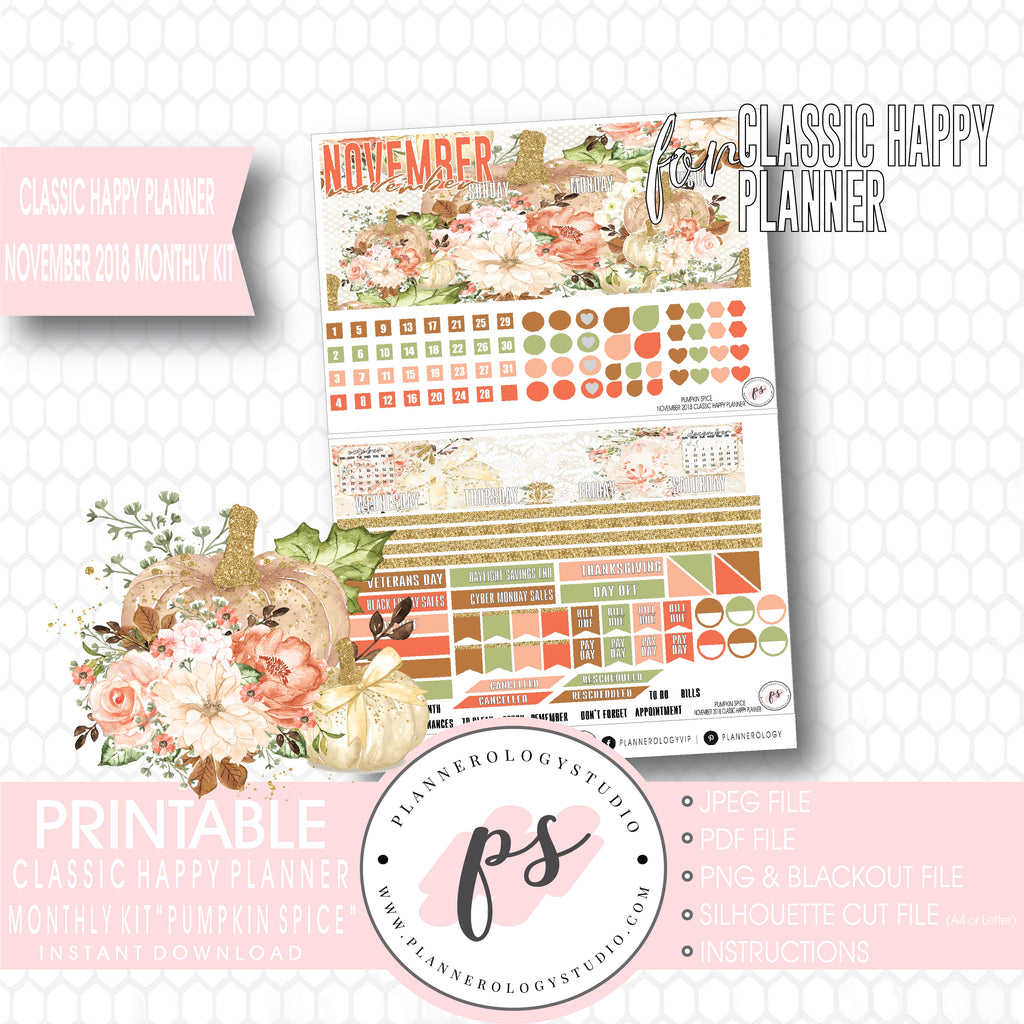 Pumpkin Spice November 2018 Monthly View Kit Digital Printable Planner Stickers (for use with Classic Happy Planner) - Plannerologystudio