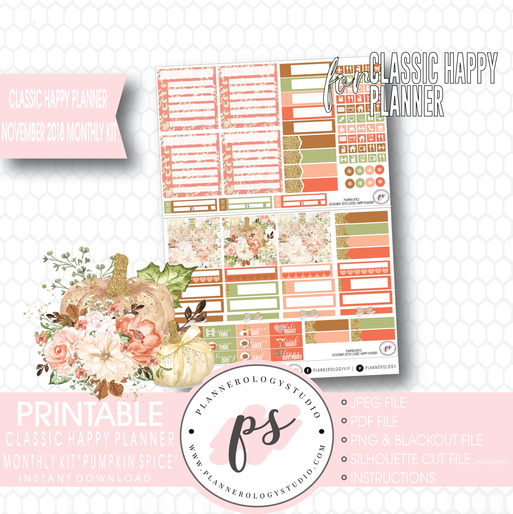 Pumpkin Spice November 2018 Monthly View Kit Digital Printable Planner Stickers (for use with Classic Happy Planner) - Plannerologystudio