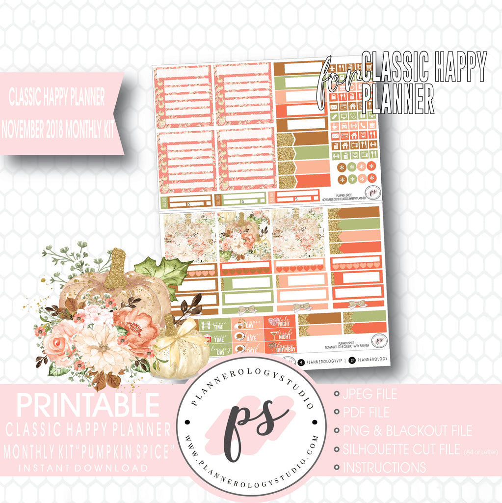 Pumpkin Spice November 2018 Monthly View Kit Digital Printable Planner Stickers (for use with Classic Happy Planner) - Plannerologystudio