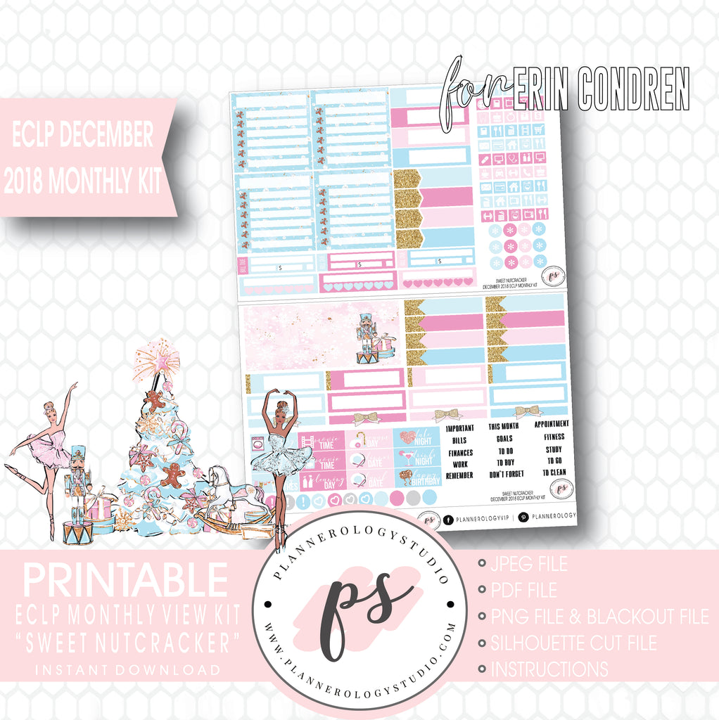 Sweet Nutcracker Christmas December 2018 Monthly View Kit Digital Printable Planner Stickers (for use with Erin Condren) - Plannerologystudio