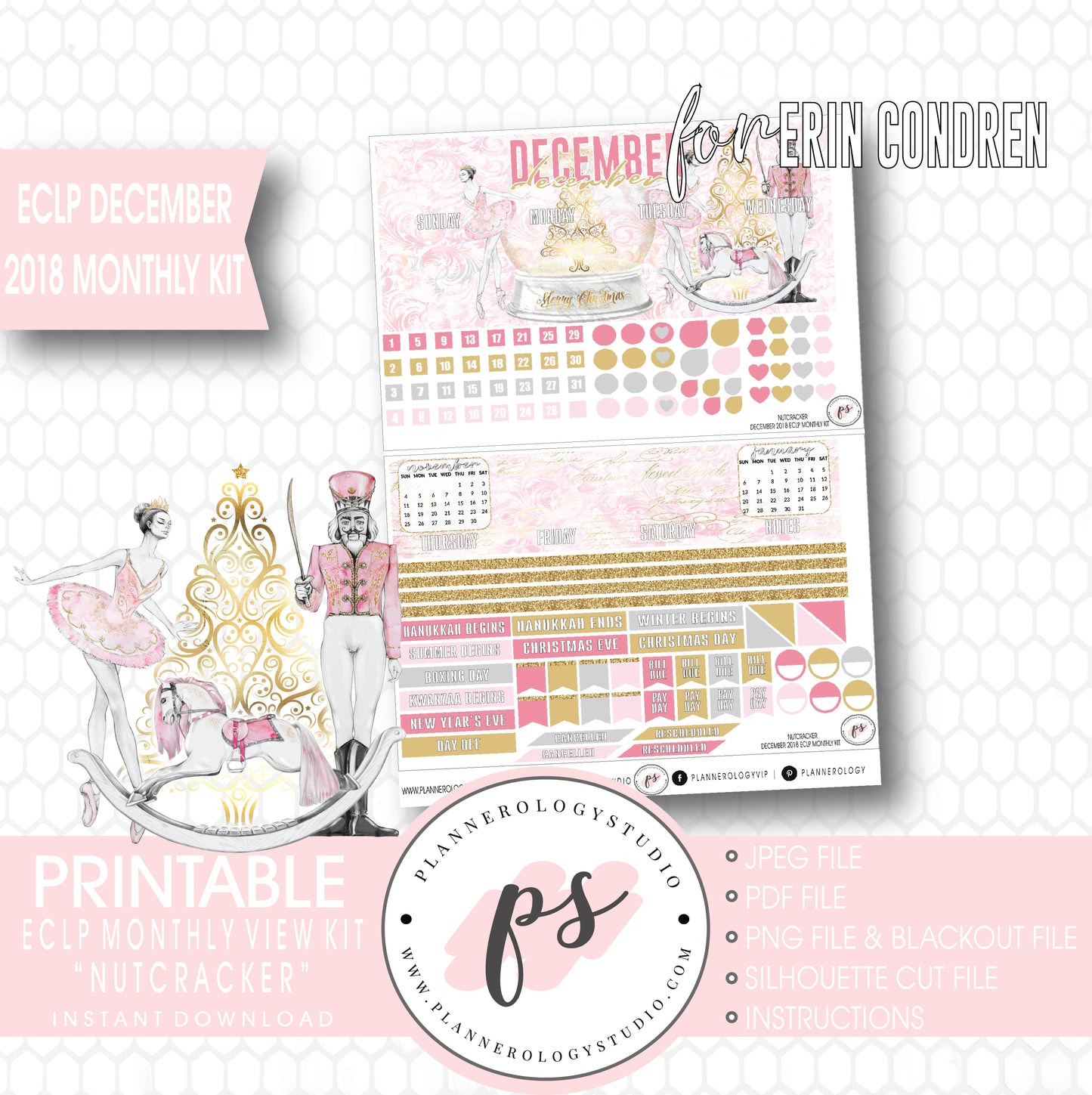 Nutcracker Christmas December 2018 Monthly View Kit Digital Printable Planner Stickers (for use with Erin Condren) - Plannerologystudio