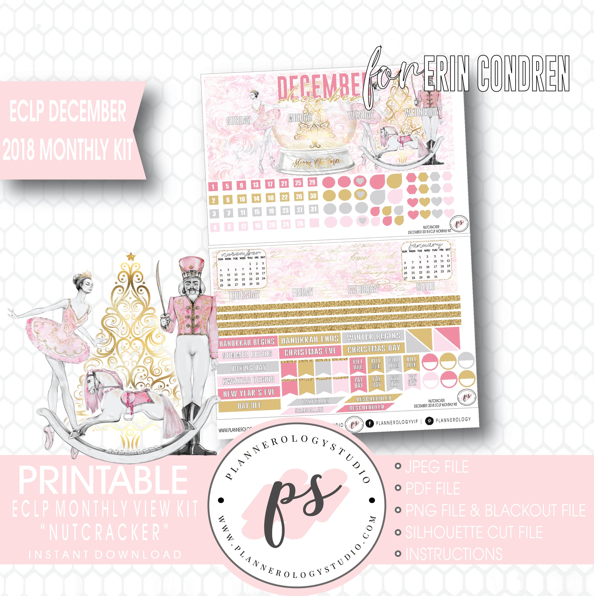 Nutcracker Christmas December 2018 Monthly View Kit Digital Printable Planner Stickers (for use with Erin Condren) - Plannerologystudio