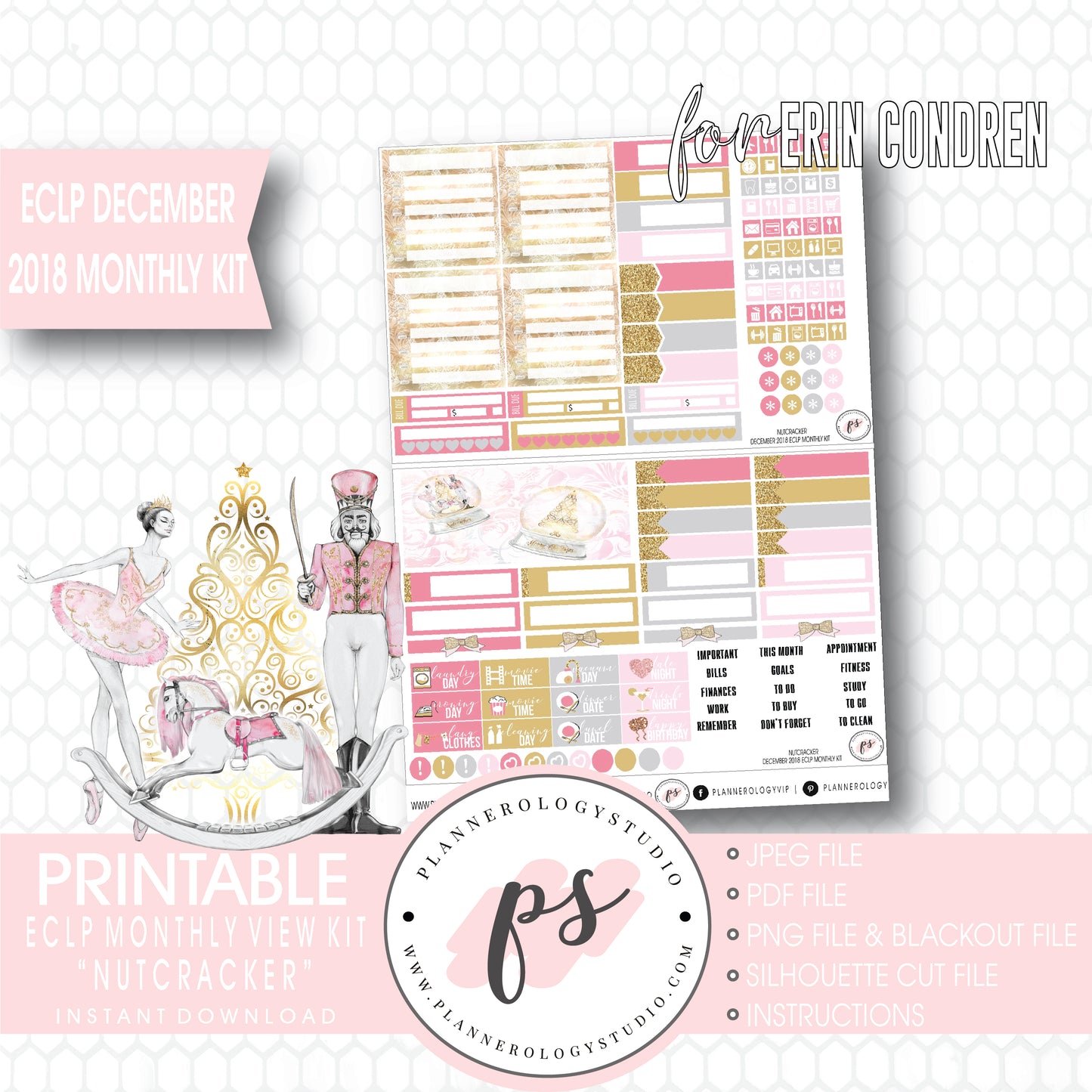 Nutcracker Christmas December 2018 Monthly View Kit Digital Printable Planner Stickers (for use with Erin Condren) - Plannerologystudio