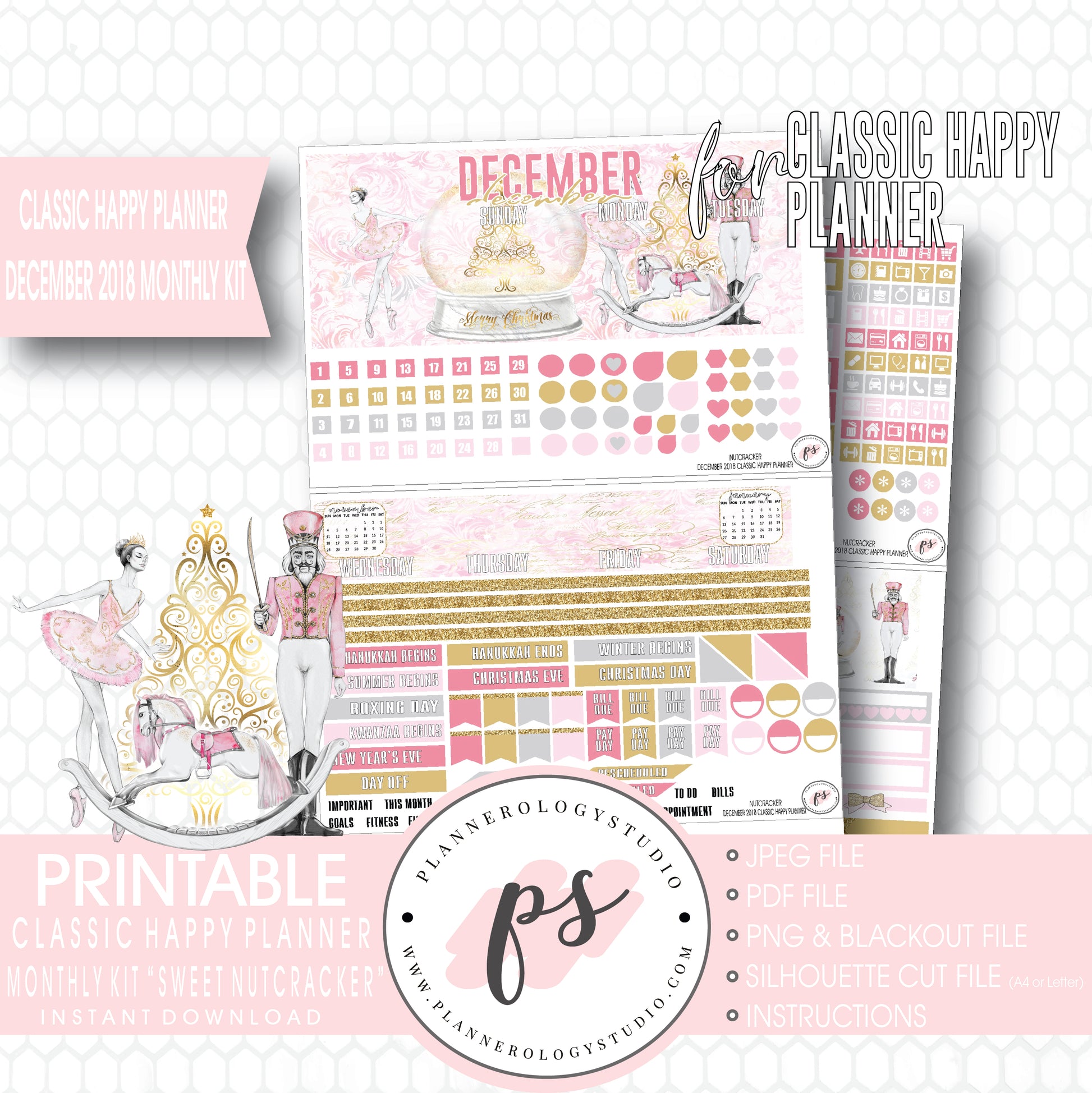 Nutcracker Christmas December 2018 Monthly View Kit Digital Printable Planner Stickers (for use with Classic Happy Planner) - Plannerologystudio