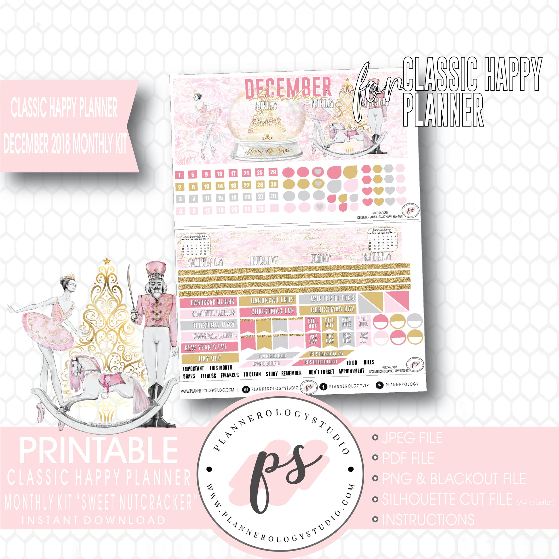 Nutcracker Christmas December 2018 Monthly View Kit Digital Printable Planner Stickers (for use with Classic Happy Planner) - Plannerologystudio