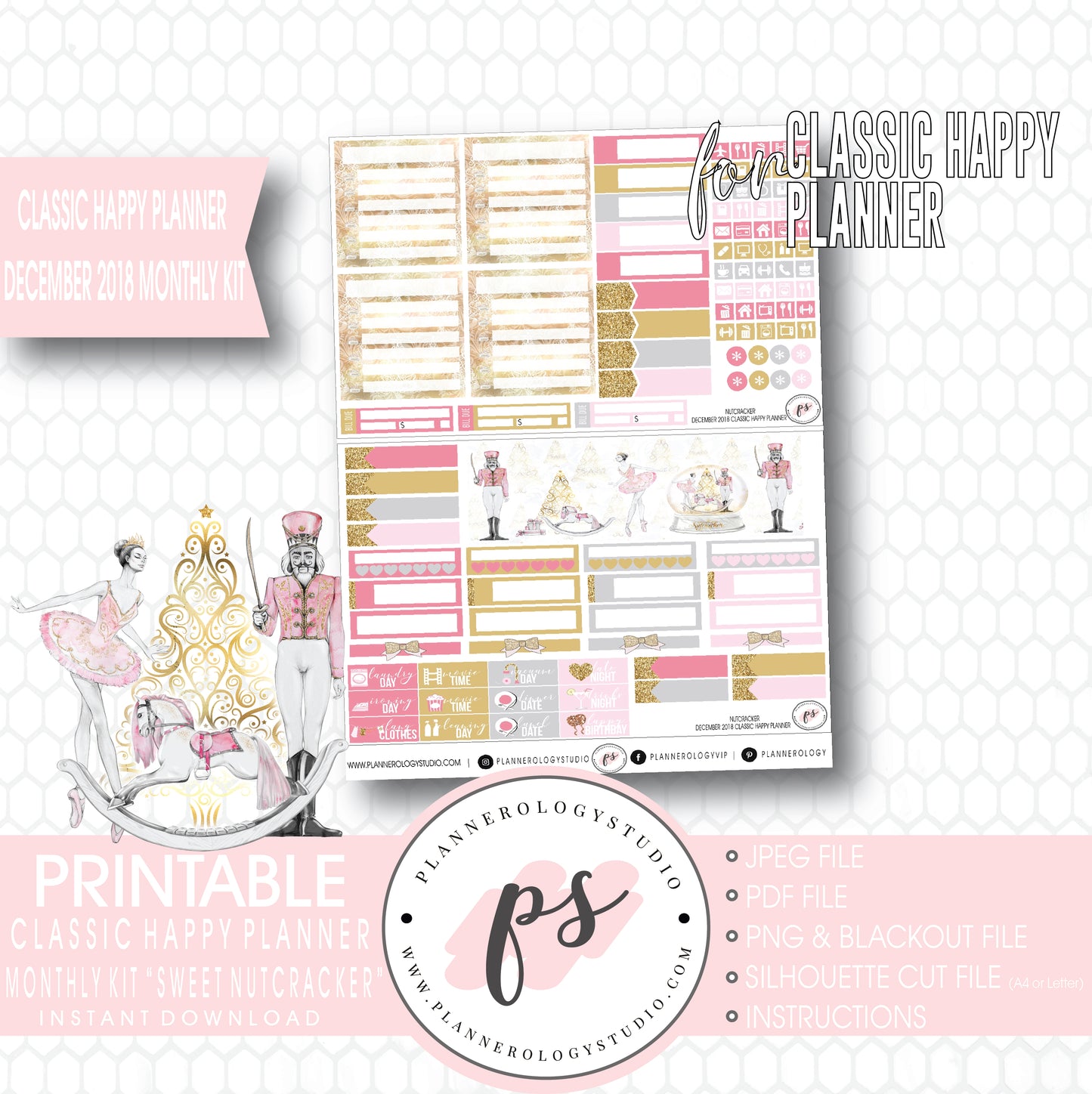 Nutcracker Christmas December 2018 Monthly View Kit Digital Printable Planner Stickers (for use with Classic Happy Planner) - Plannerologystudio