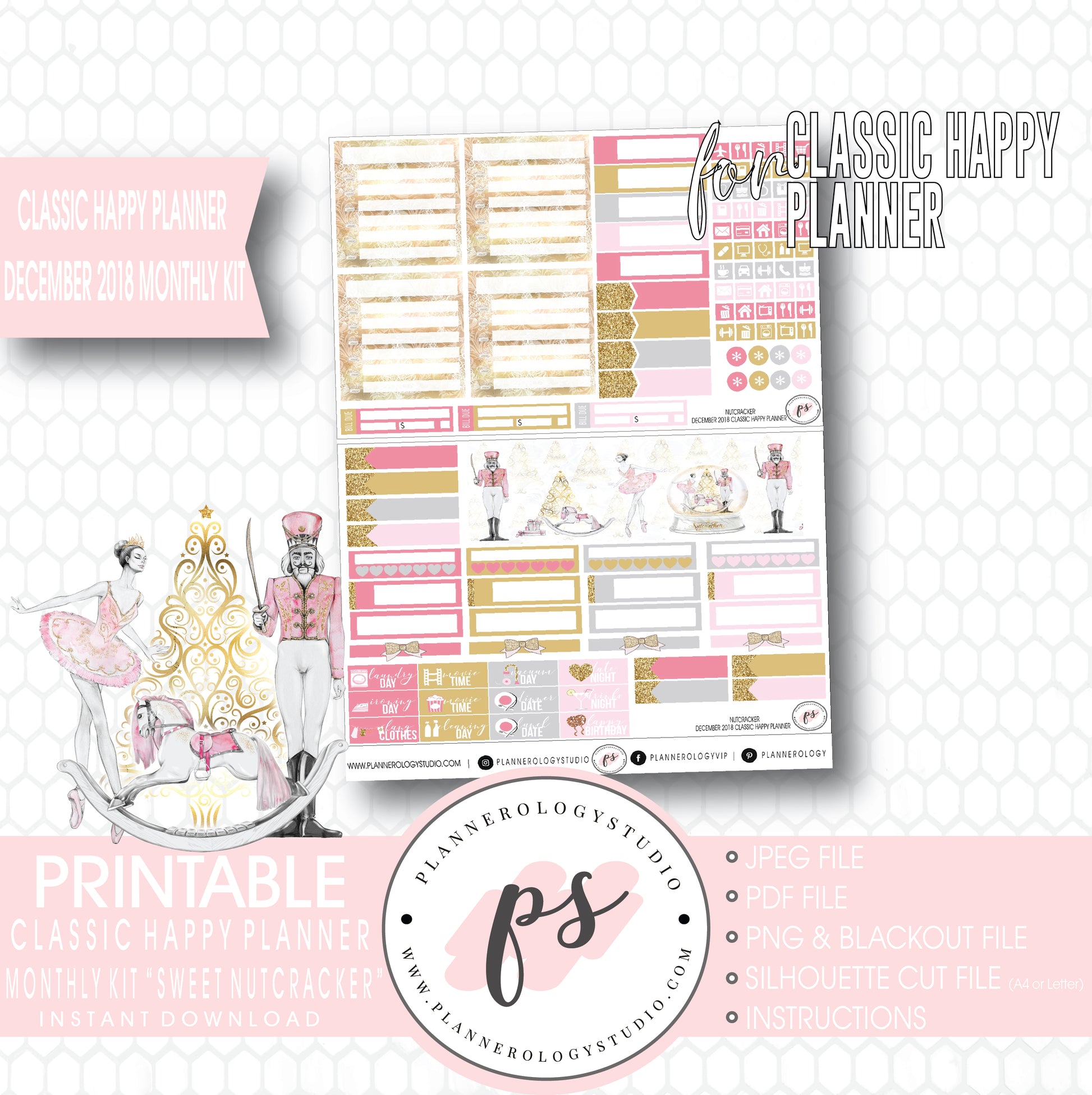 Nutcracker Christmas December 2018 Monthly View Kit Digital Printable Planner Stickers (for use with Classic Happy Planner) - Plannerologystudio