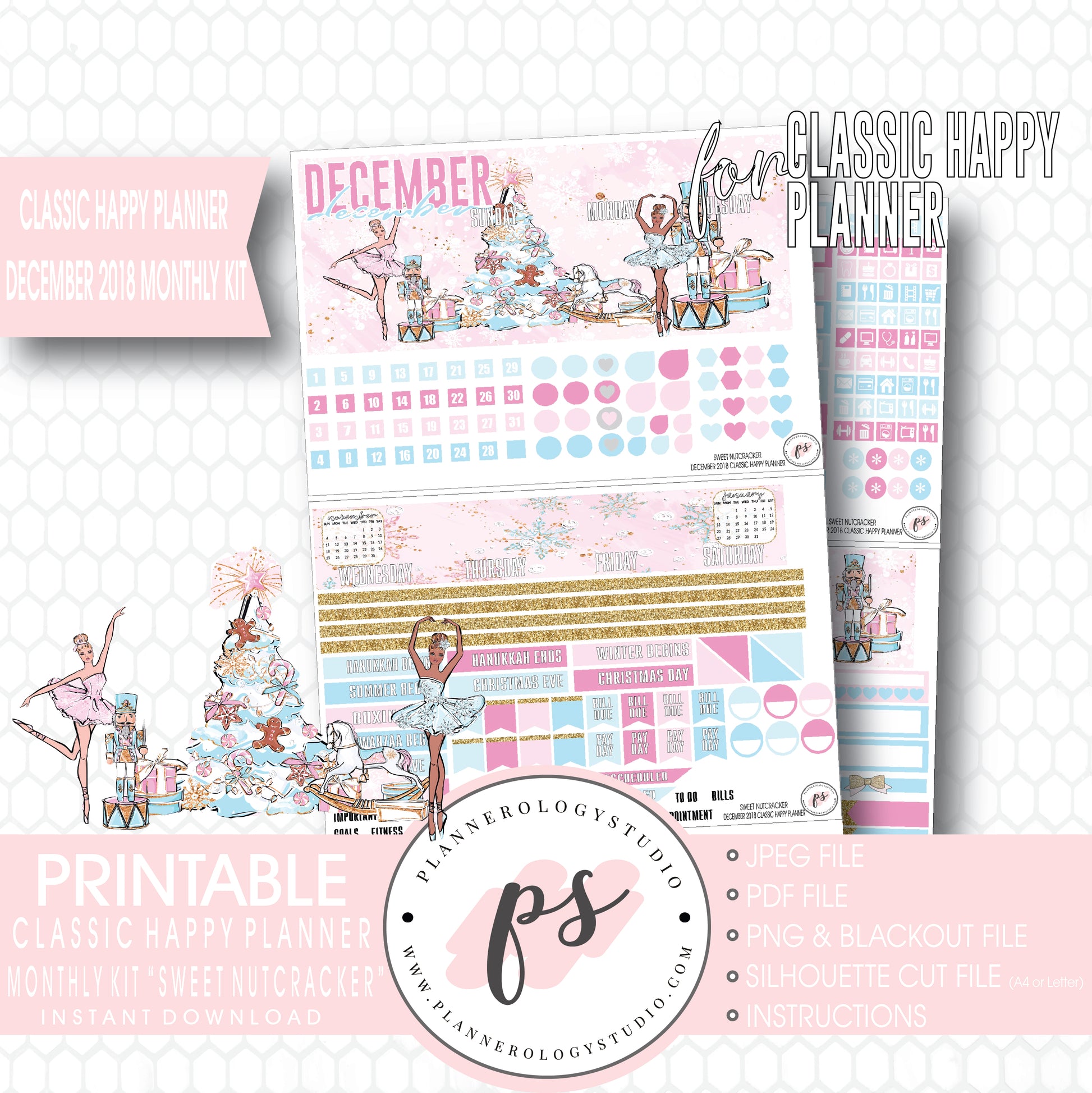 Sweet Nutcracker Christmas December 2018 Monthly View Kit Digital Printable Planner Stickers (for use with Classic Happy Planner) - Plannerologystudio