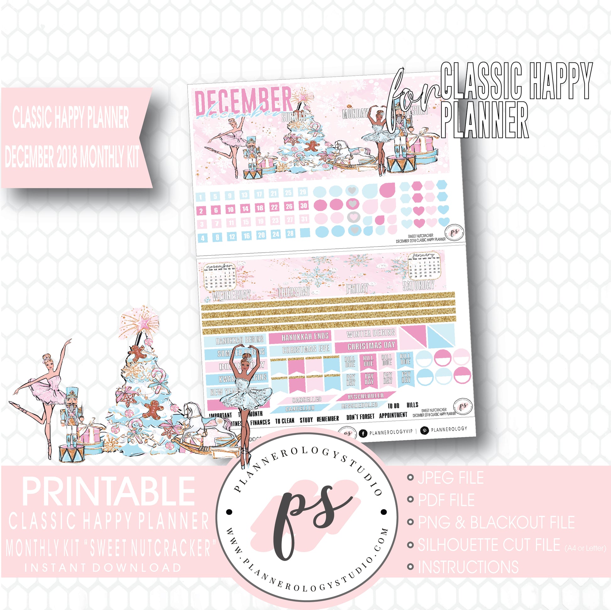 Sweet Nutcracker Christmas December 2018 Monthly View Kit Digital Printable Planner Stickers (for use with Classic Happy Planner) - Plannerologystudio