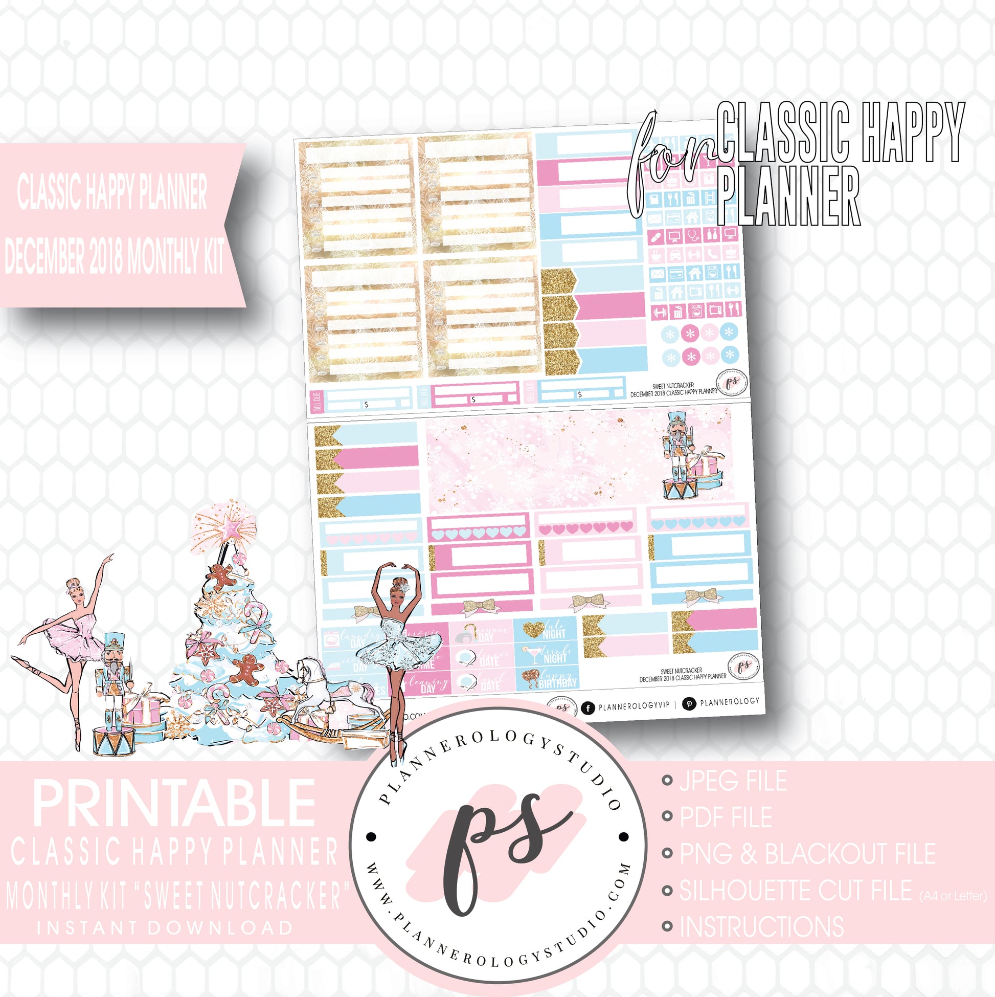 Sweet Nutcracker Christmas December 2018 Monthly View Kit Digital Printable Planner Stickers (for use with Classic Happy Planner) - Plannerologystudio