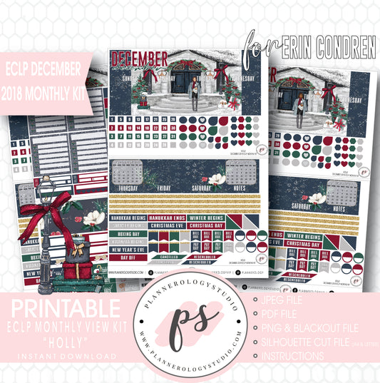 Holly Christmas December 2018 Monthly View Kit Digital Printable Planner Stickers (for use with Erin Condren) - Plannerologystudio