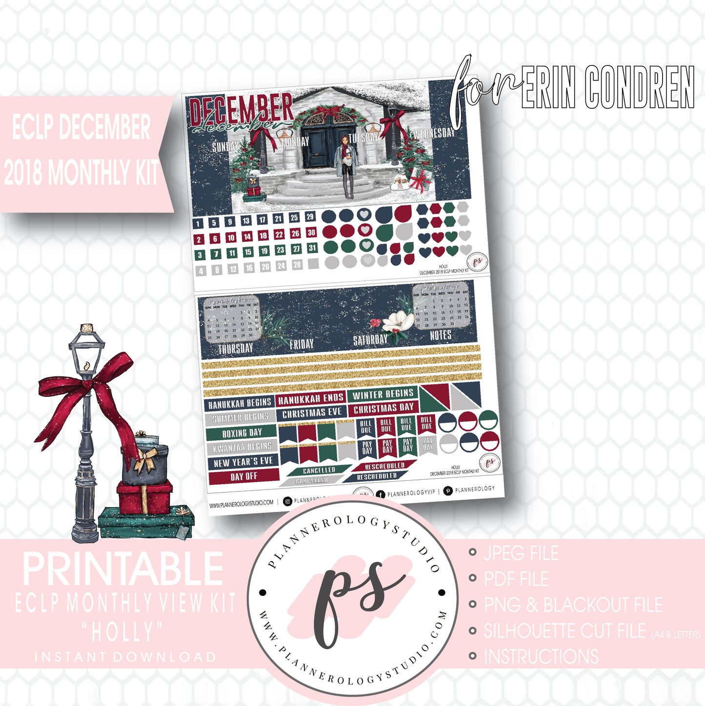 Holly Christmas December 2018 Monthly View Kit Digital Printable Planner Stickers (for use with Erin Condren) - Plannerologystudio