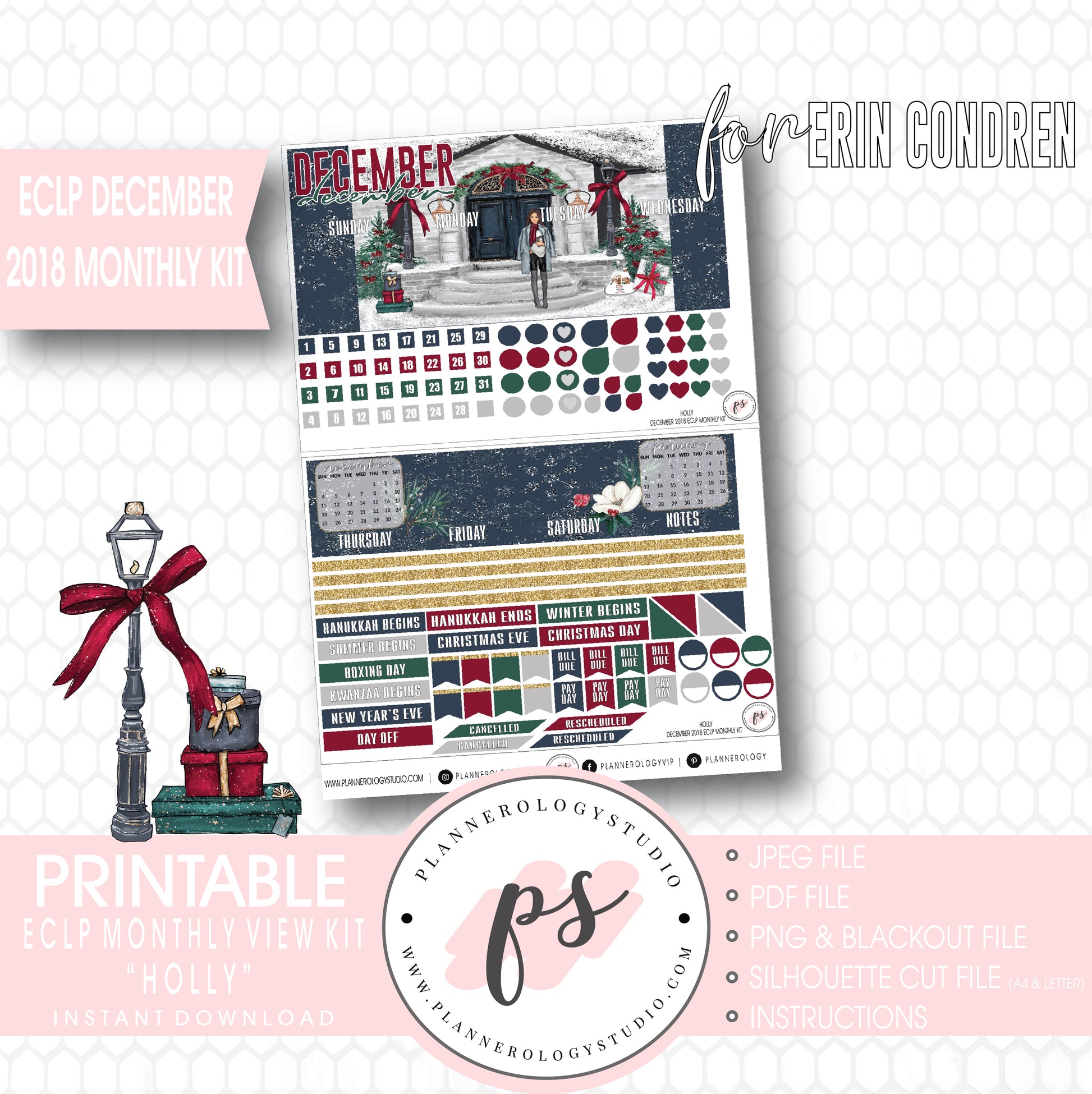 Holly Christmas December 2018 Monthly View Kit Digital Printable Planner Stickers (for use with Erin Condren) - Plannerologystudio
