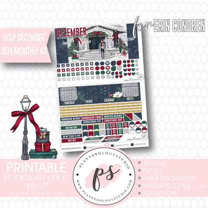 Holly Christmas December 2018 Monthly View Kit Digital Printable Planner Stickers (for use with Erin Condren) - Plannerologystudio