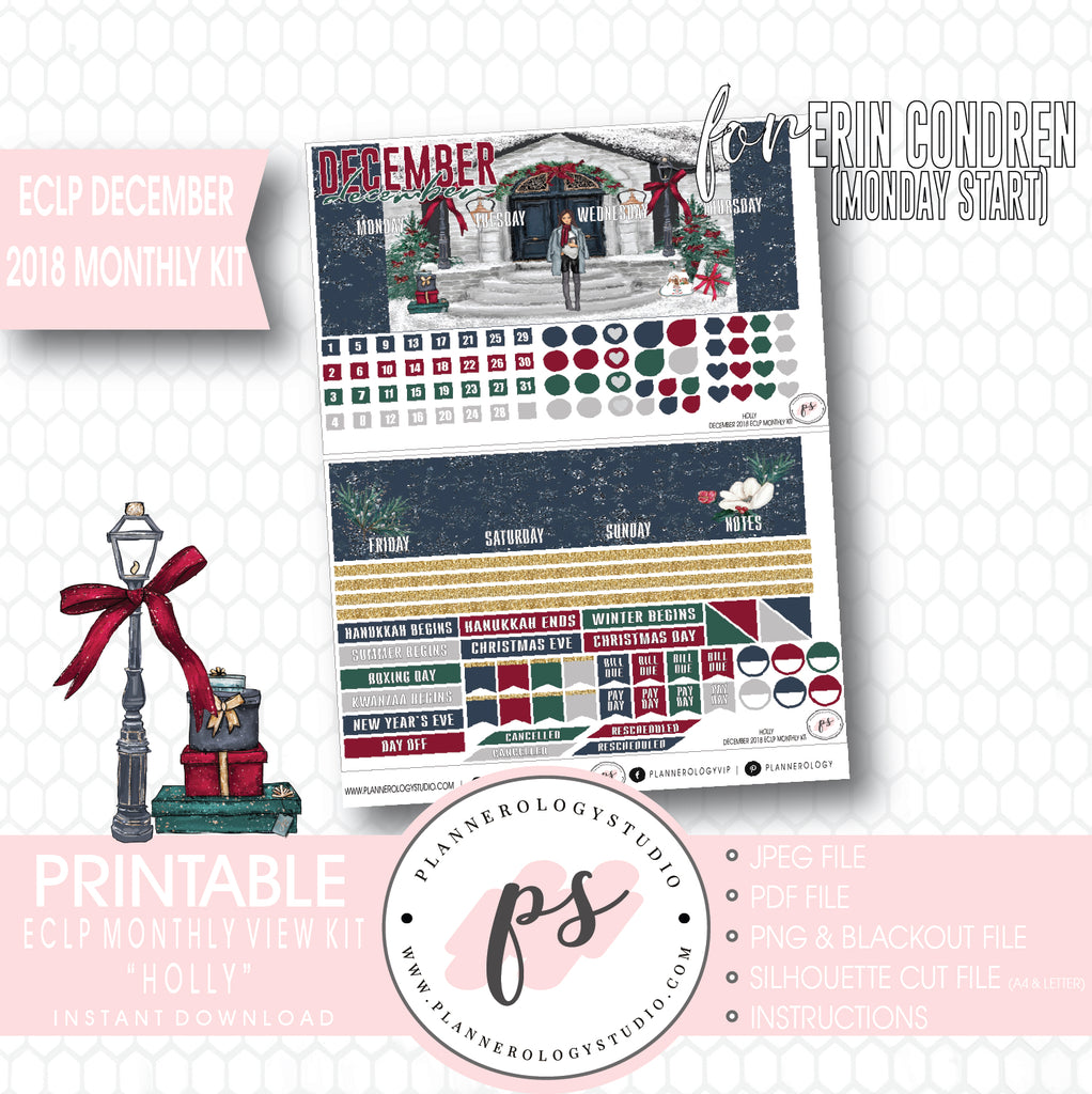 Holly Christmas December Monthly View Kit Digital Printable Planner Stickers (for use with Erin Condren) (Undated and Monday Start) - Plannerologystudio