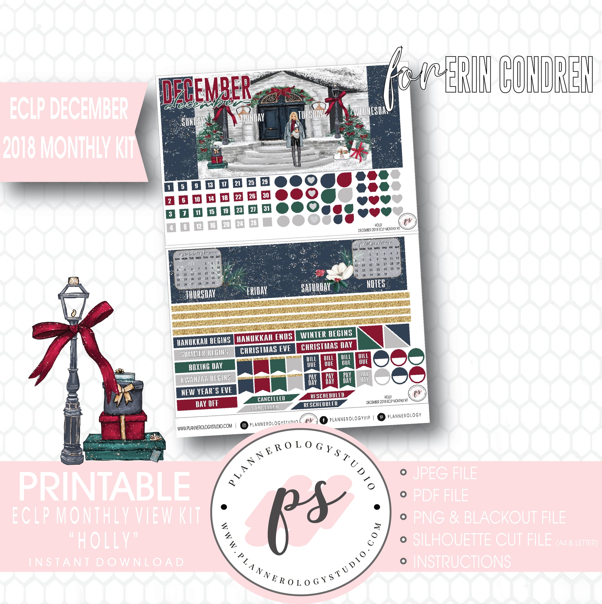 Holly Christmas December 2018 Monthly View Kit Digital Printable Planner Stickers (for use with Erin Condren) - Plannerologystudio