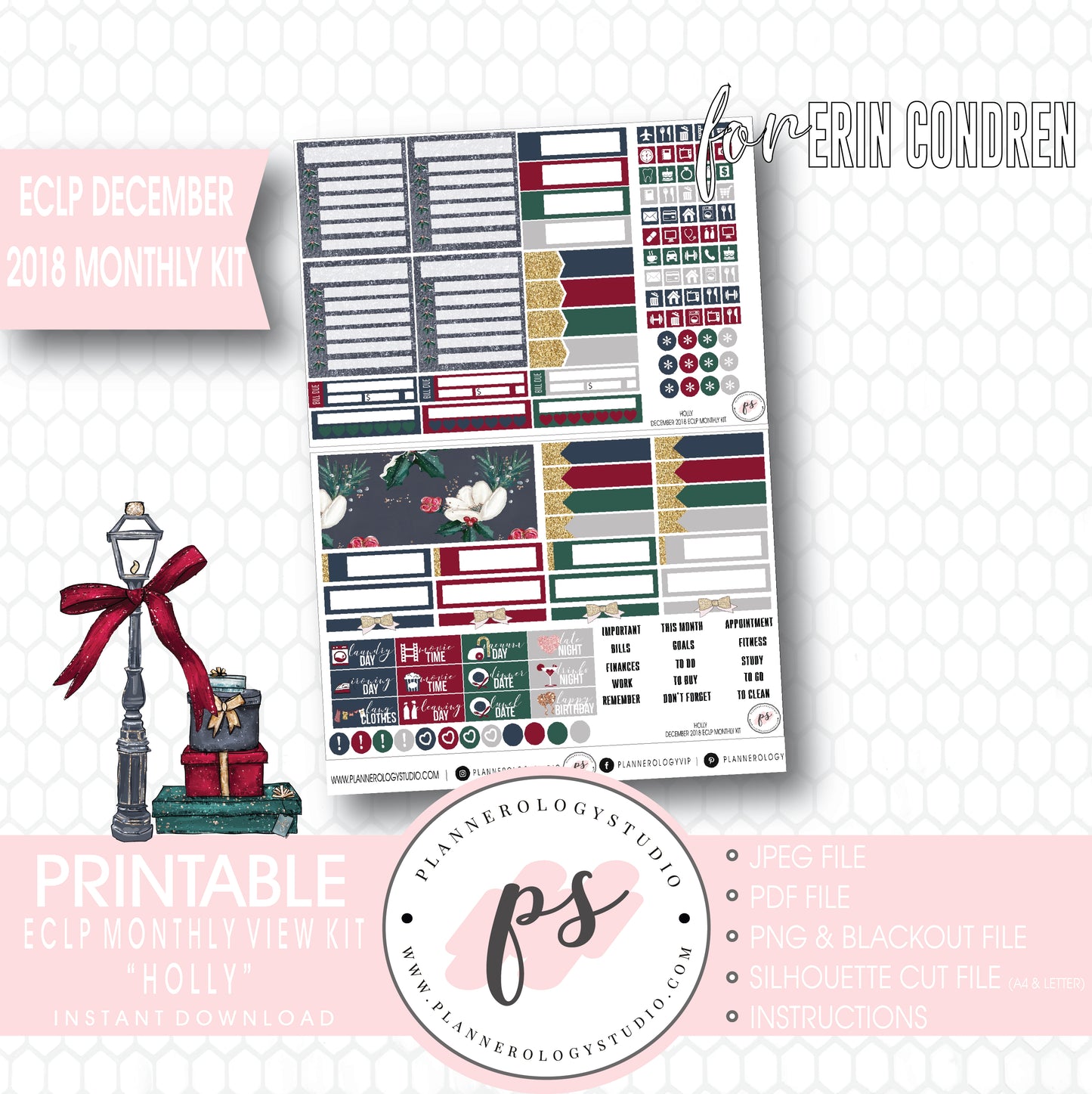 Holly Christmas December 2018 Monthly View Kit Digital Printable Planner Stickers (for use with Erin Condren) - Plannerologystudio