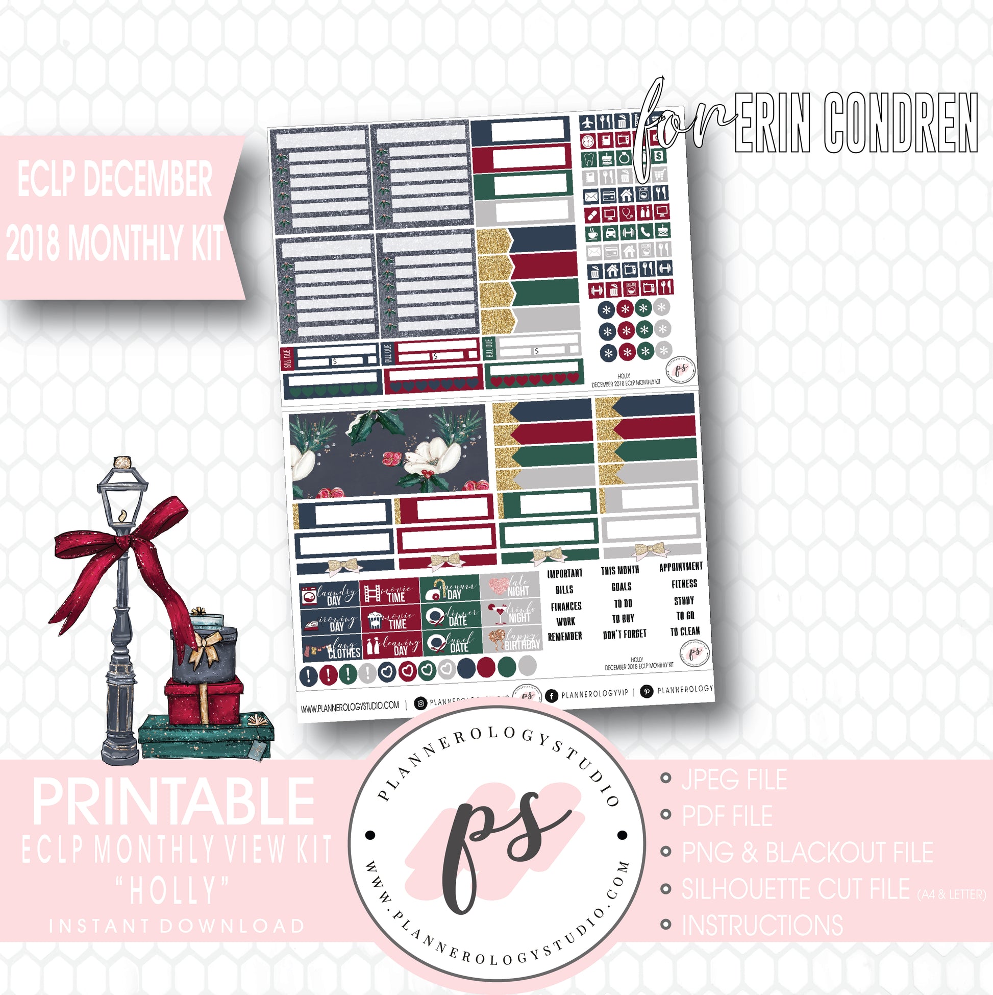 Holly Christmas December 2018 Monthly View Kit Digital Printable Planner Stickers (for use with Erin Condren) - Plannerologystudio