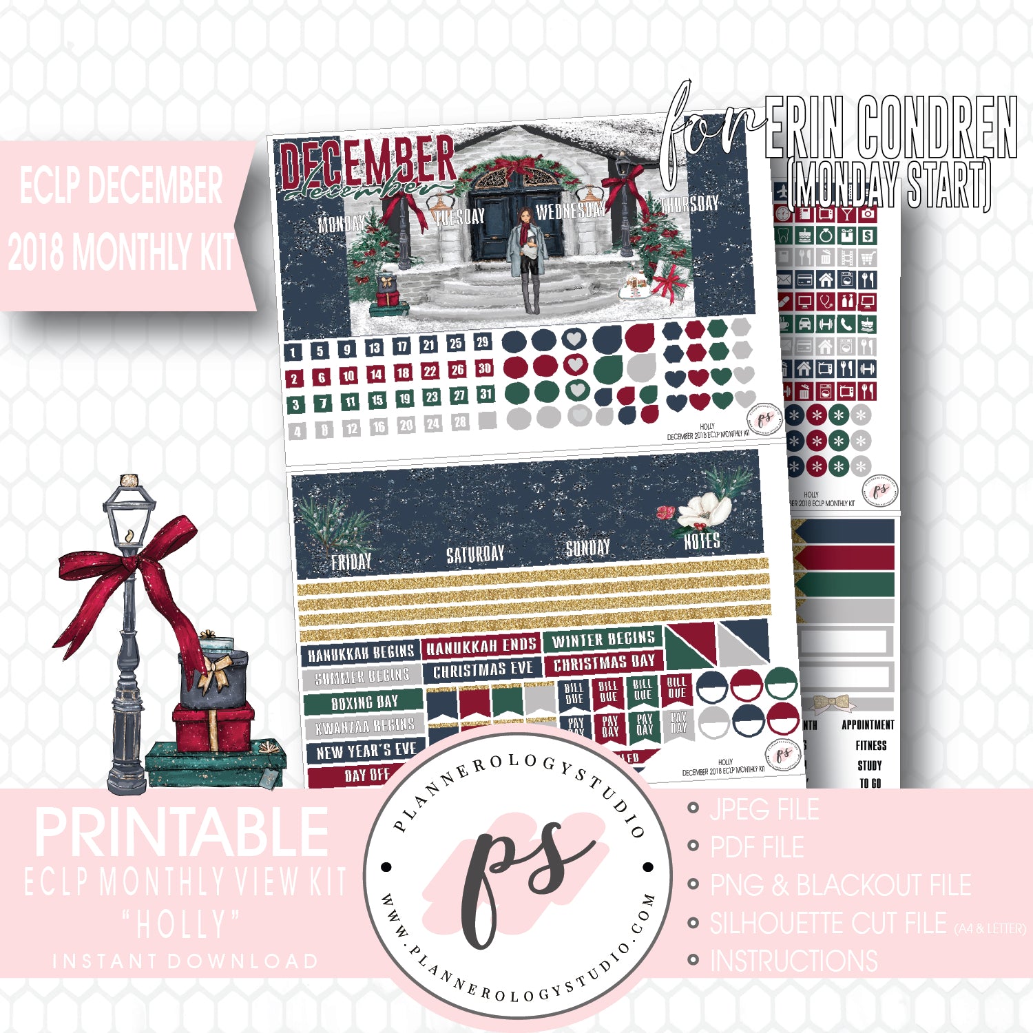 Holly Christmas December Monthly View Kit Digital Printable Planner Stickers (for use with Erin Condren) (Undated and Monday Start) - Plannerologystudio