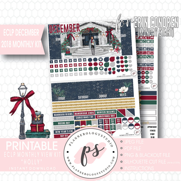 Holly Christmas December Monthly View Kit Digital Printable Planner Stickers (for use with Erin Condren) (Undated and Monday Start) - Plannerologystudio