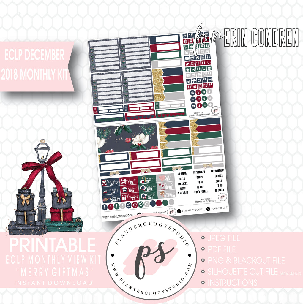 Merry Giftmas Christmas December 2018 Monthly View Kit Digital Printable Planner Stickers (for use with Erin Condren) - Plannerologystudio