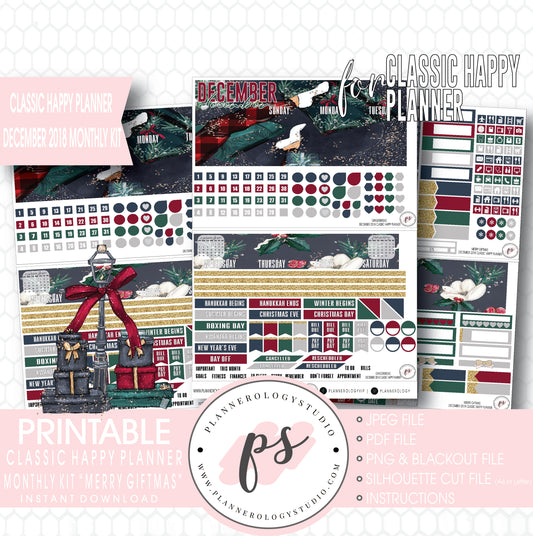 Merry Giftmas Christmas December 2018 Monthly View Kit Digital Printable Planner Stickers (for use with Classic Happy Planner) - Plannerologystudio