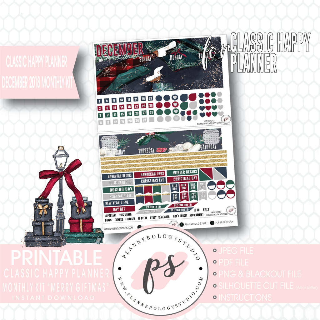 Merry Giftmas Christmas December 2018 Monthly View Kit Digital Printable Planner Stickers (for use with Classic Happy Planner) - Plannerologystudio