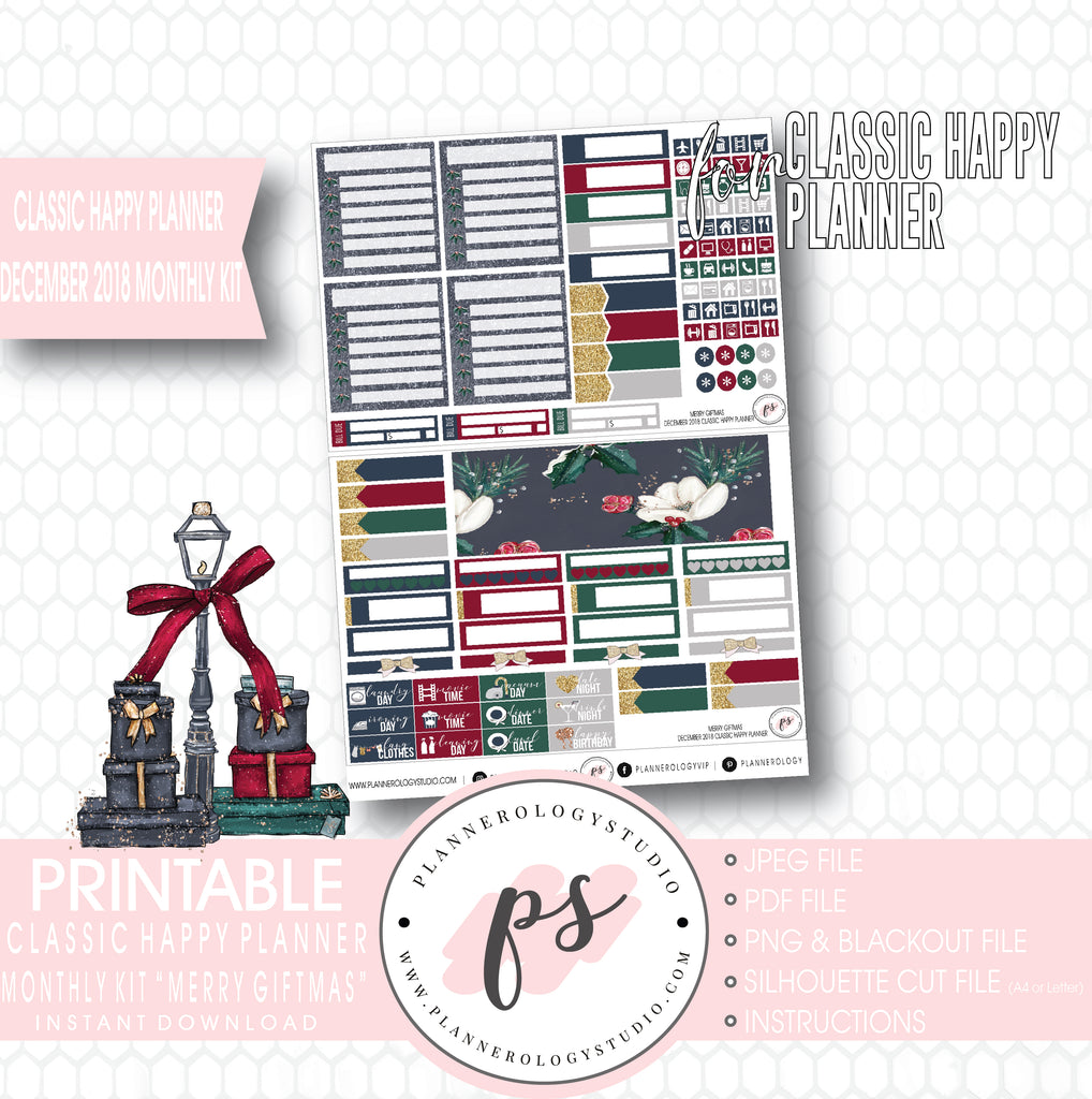 Merry Giftmas Christmas December 2018 Monthly View Kit Digital Printable Planner Stickers (for use with Classic Happy Planner) - Plannerologystudio