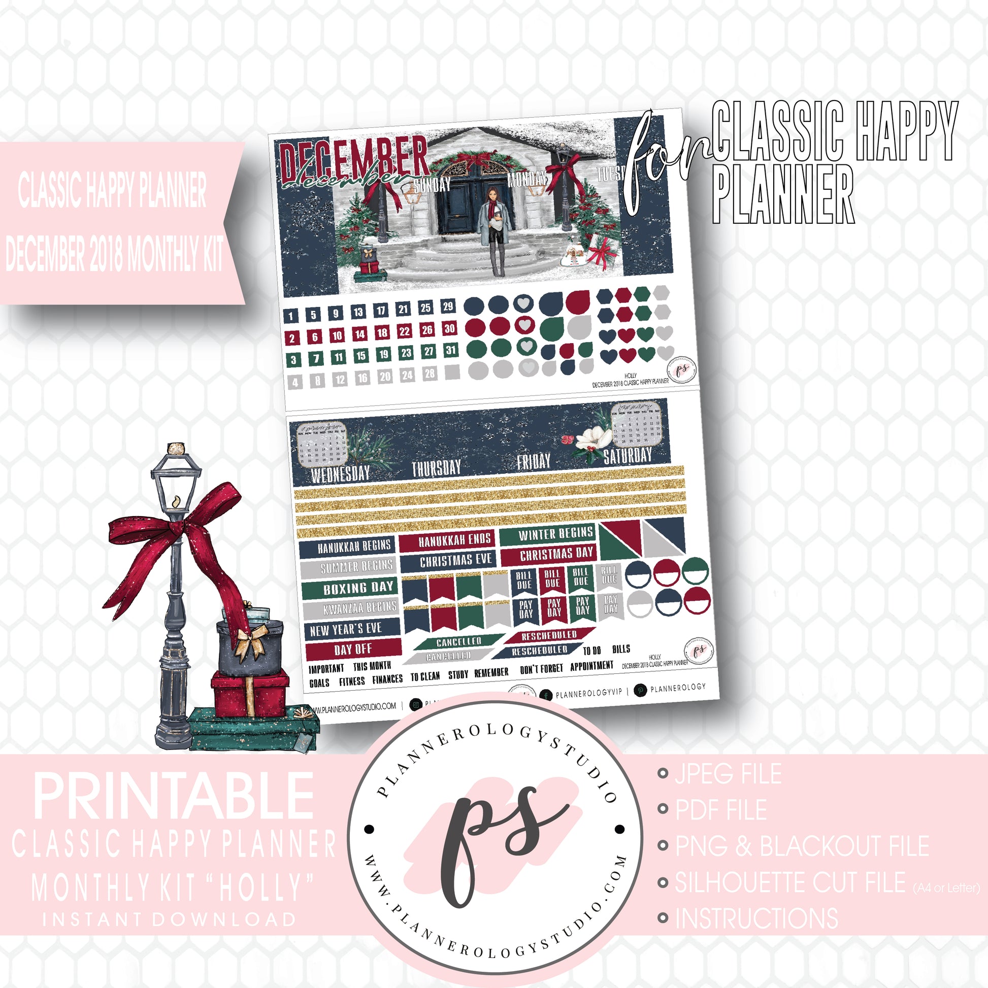 Holly Christmas December 2018 Monthly View Kit Digital Printable Planner Stickers (for use with Classic Happy Planner) - Plannerologystudio