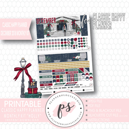 Holly Christmas December 2018 Monthly View Kit Digital Printable Planner Stickers (for use with Classic Happy Planner) - Plannerologystudio