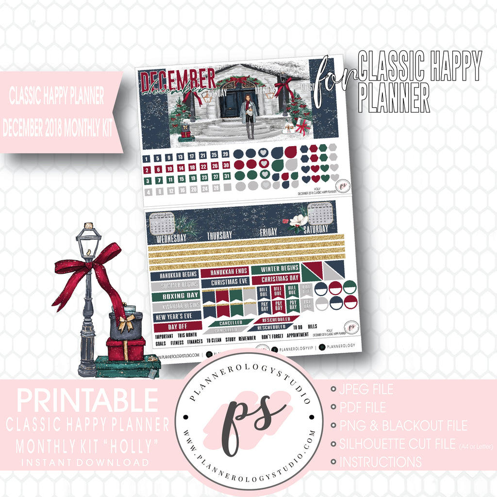 Holly Christmas December 2018 Monthly View Kit Digital Printable Planner Stickers (for use with Classic Happy Planner) - Plannerologystudio