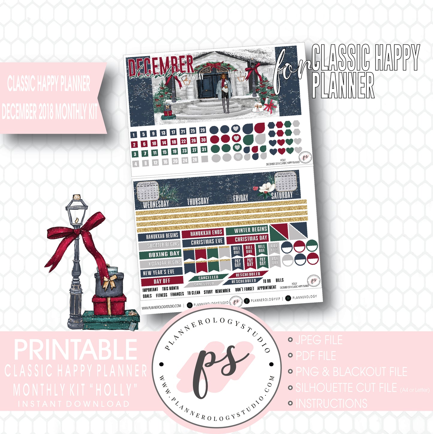 Holly Christmas December 2018 Monthly View Kit Digital Printable Planner Stickers (for use with Classic Happy Planner) - Plannerologystudio