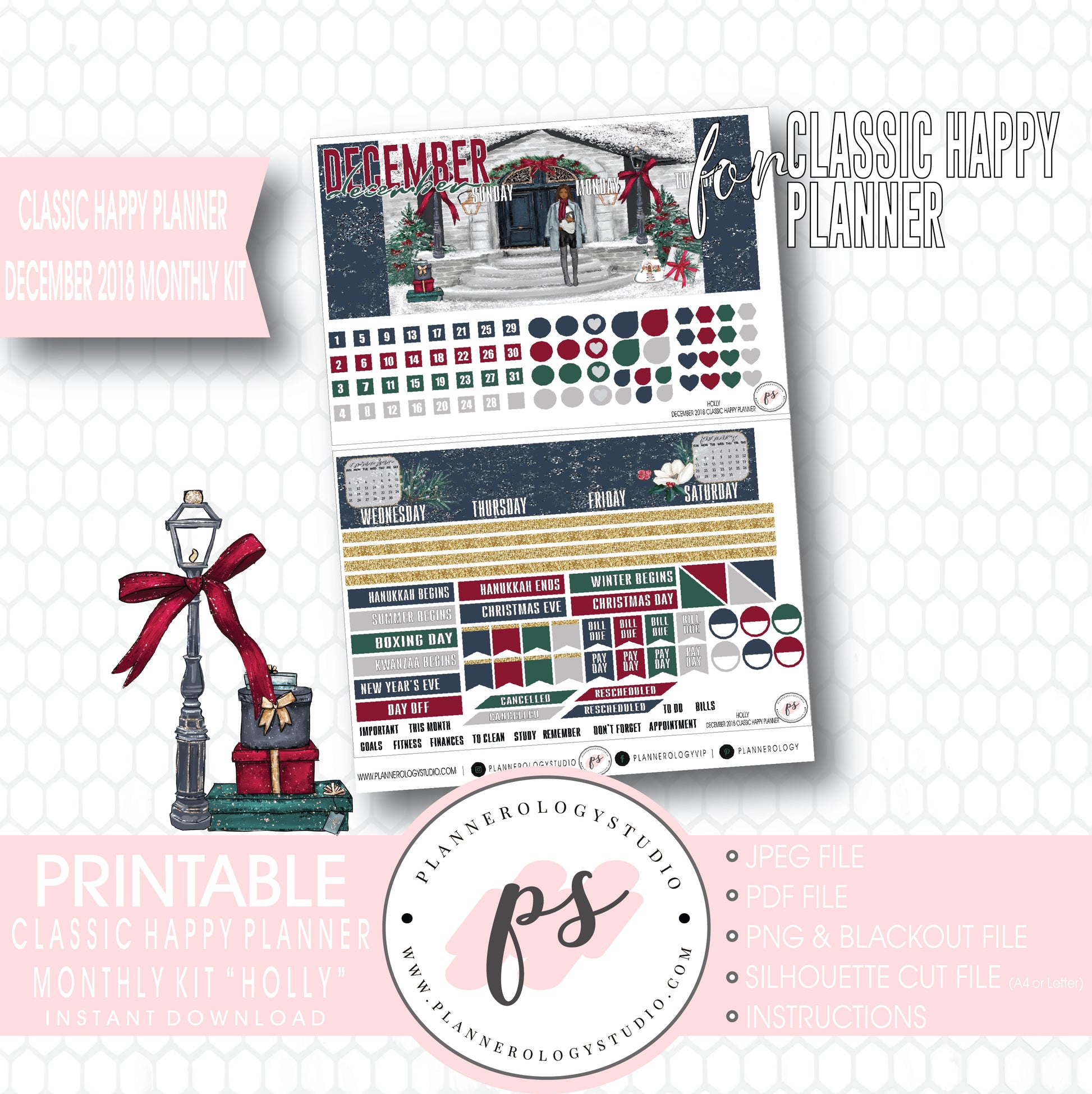 Holly Christmas December 2018 Monthly View Kit Digital Printable Planner Stickers (for use with Classic Happy Planner) - Plannerologystudio