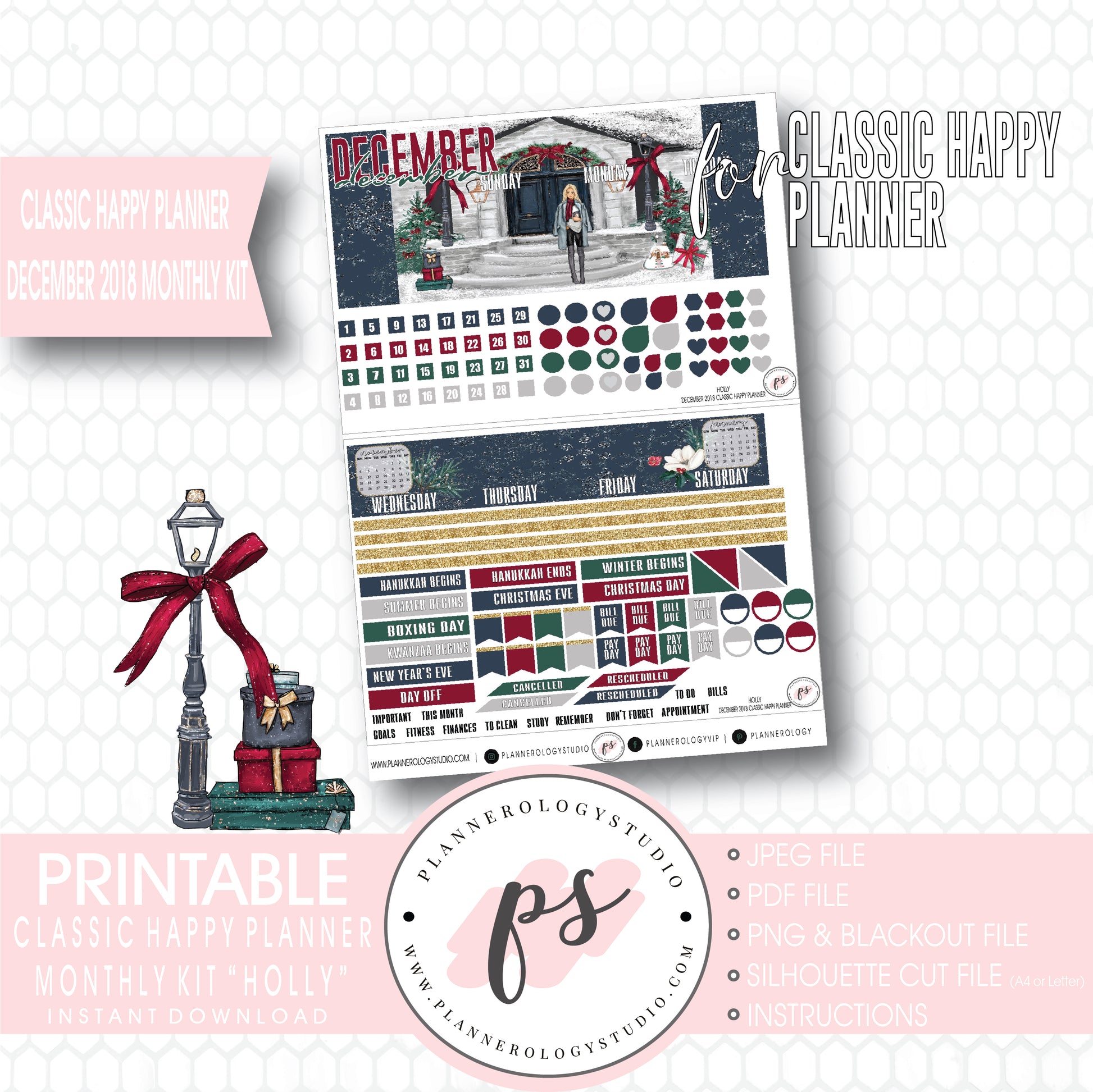 Holly Christmas December 2018 Monthly View Kit Digital Printable Planner Stickers (for use with Classic Happy Planner) - Plannerologystudio