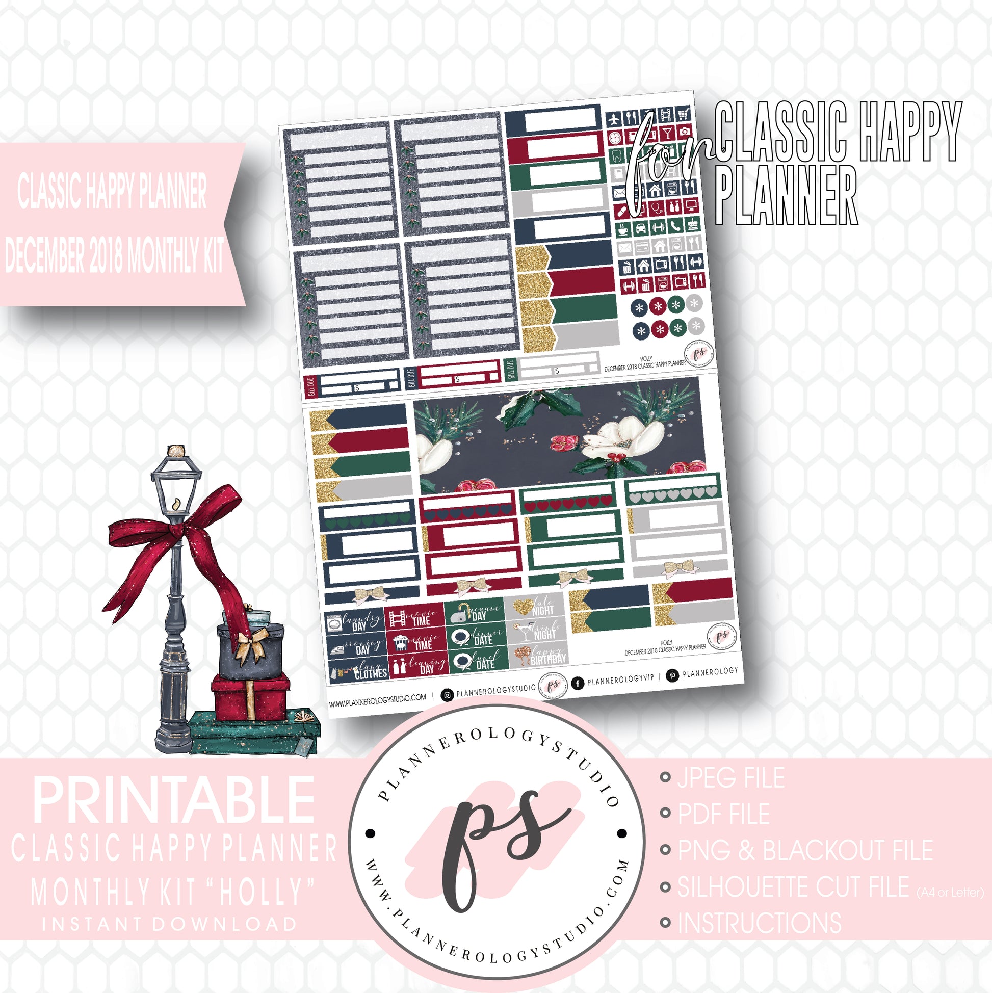 Holly Christmas December 2018 Monthly View Kit Digital Printable Planner Stickers (for use with Classic Happy Planner) - Plannerologystudio