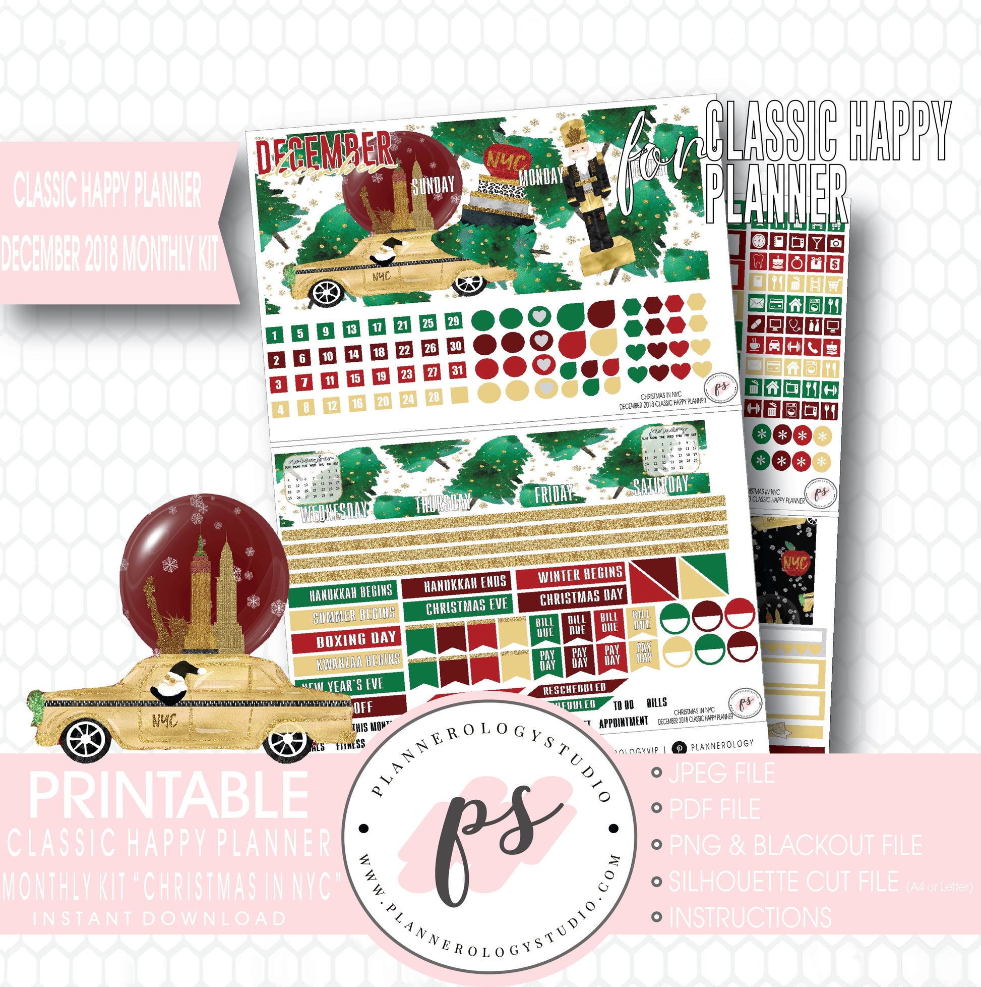 Christmas in NYC December 2018 Monthly View Kit Digital Printable Planner Stickers (for use with Classic Happy Planner) - Plannerologystudio