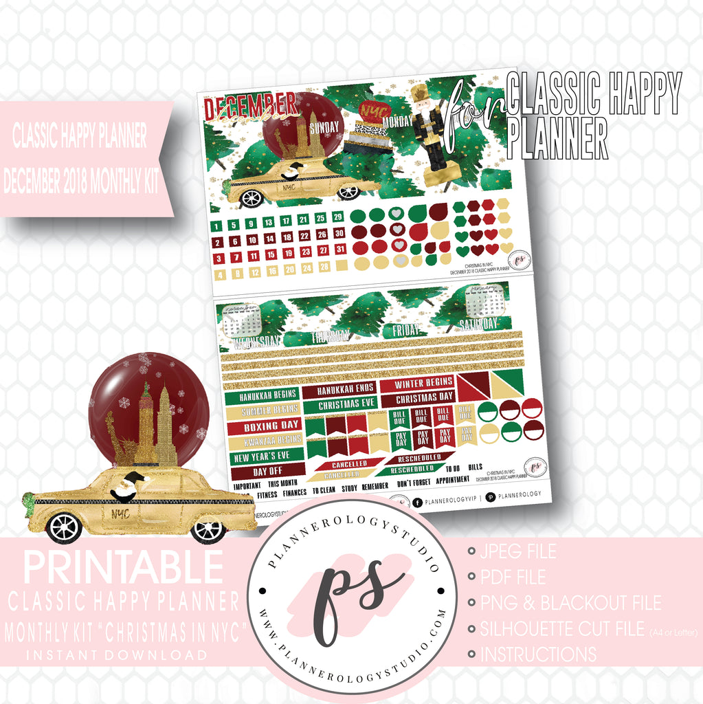 Christmas in NYC December 2018 Monthly View Kit Digital Printable Planner Stickers (for use with Classic Happy Planner) - Plannerologystudio