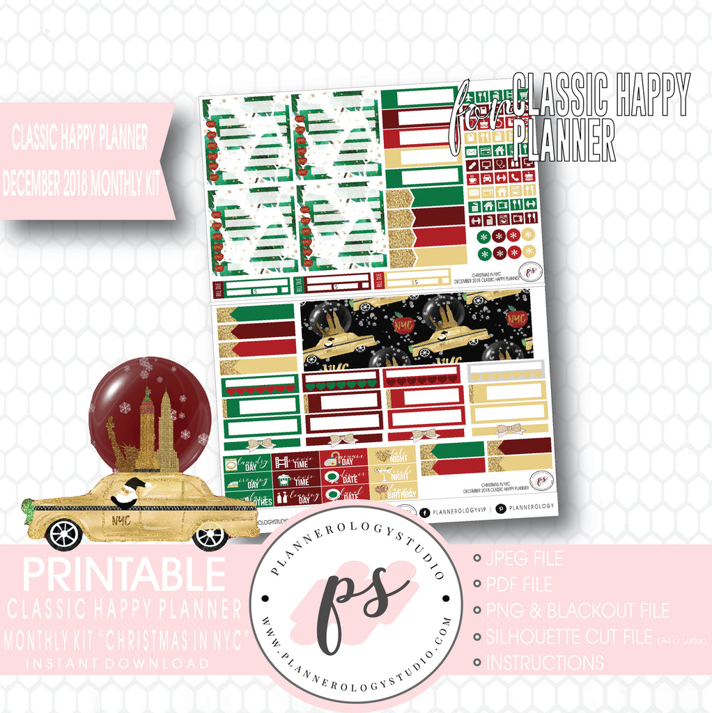 Christmas in NYC December 2018 Monthly View Kit Digital Printable Planner Stickers (for use with Classic Happy Planner) - Plannerologystudio