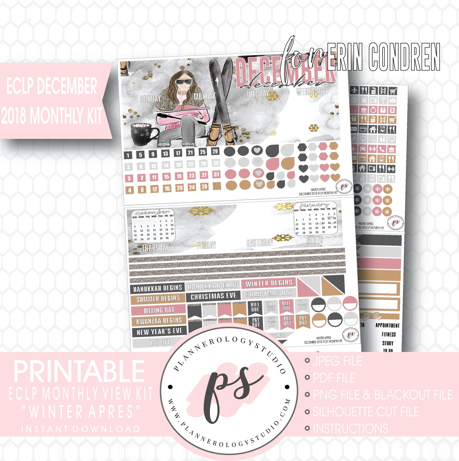Winter Apres December 2018 Monthly View Kit Digital Printable Planner Stickers (for use with Erin Condren) - Plannerologystudio