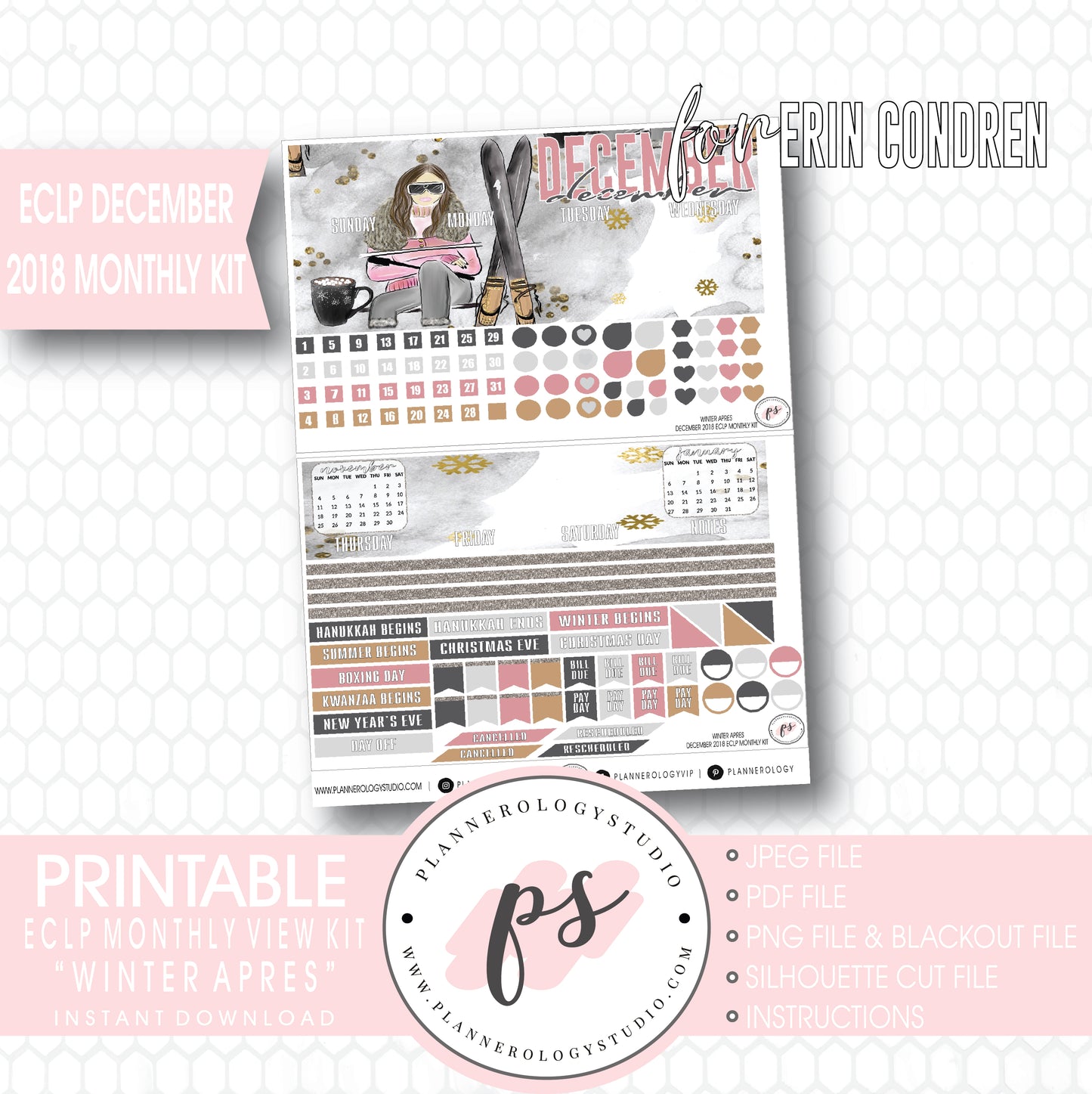 Winter Apres December 2018 Monthly View Kit Digital Printable Planner Stickers (for use with Erin Condren) - Plannerologystudio