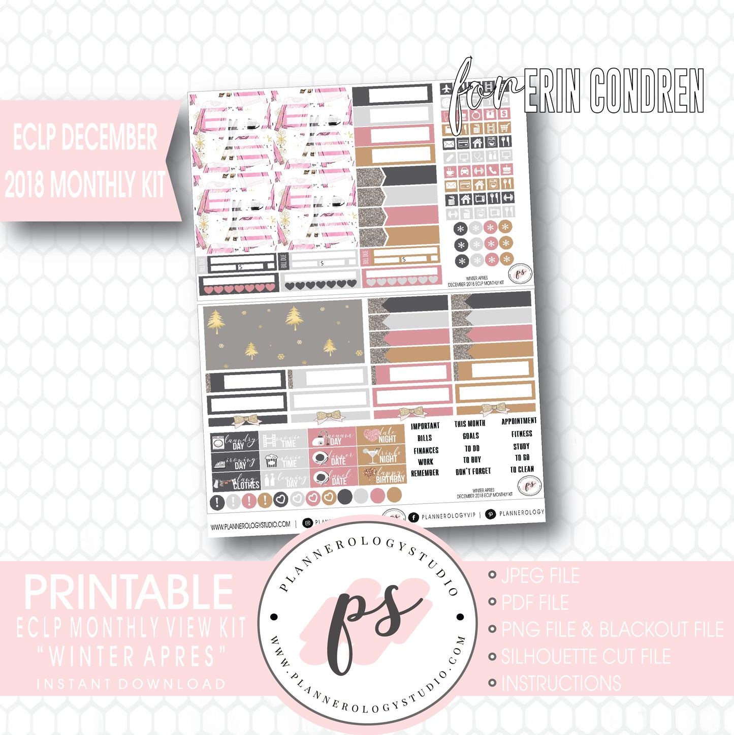 Winter Apres December 2018 Monthly View Kit Digital Printable Planner Stickers (for use with Erin Condren) - Plannerologystudio