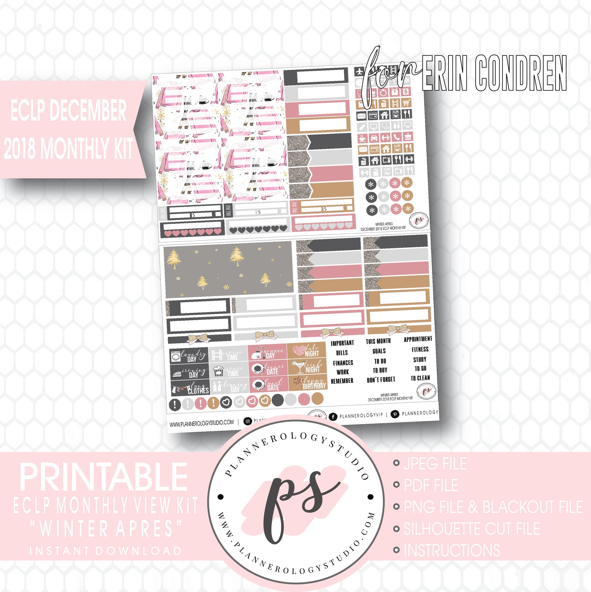 Winter Apres December 2018 Monthly View Kit Digital Printable Planner Stickers (for use with Erin Condren) - Plannerologystudio