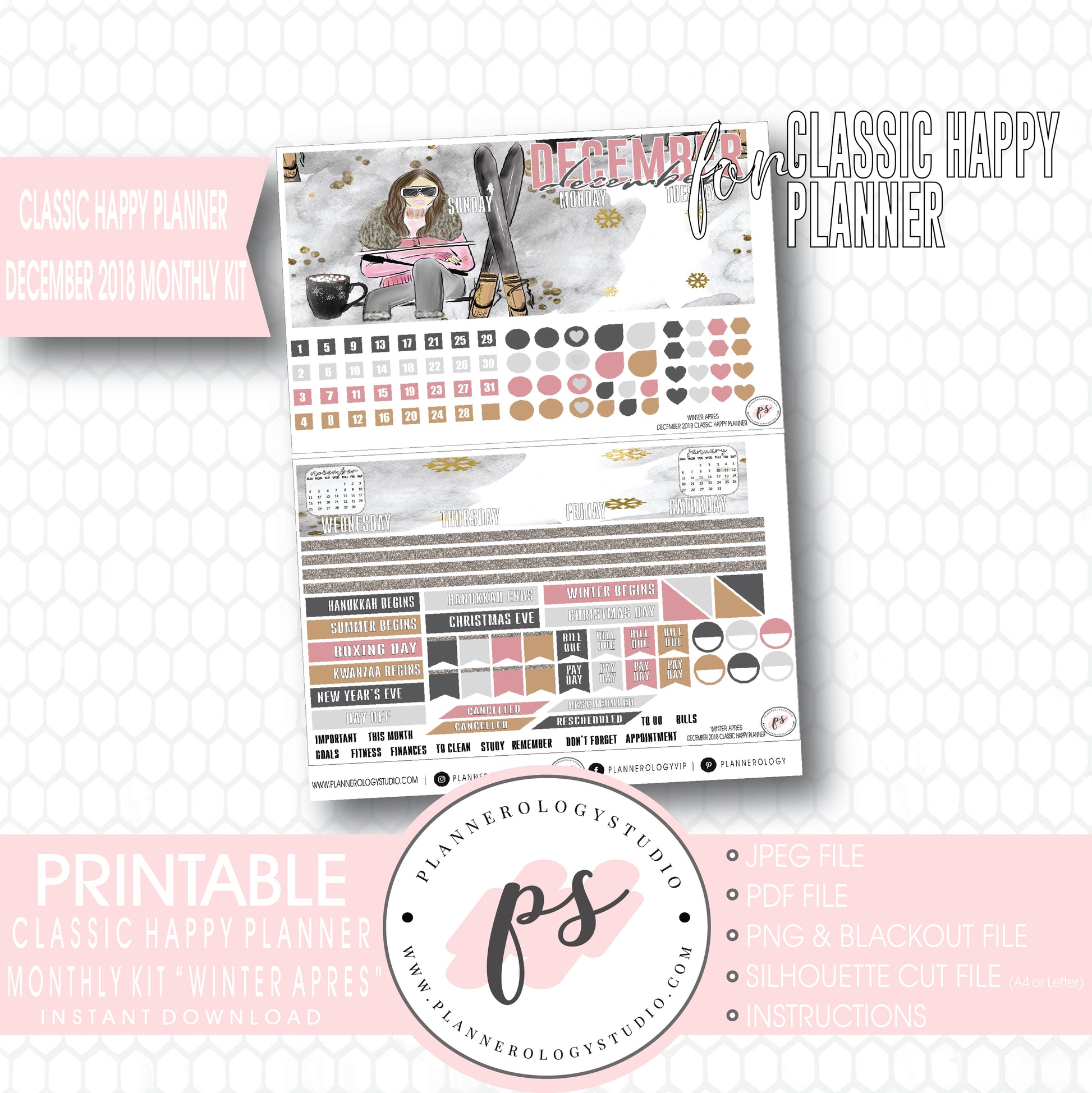 Winter Apres December 2018 Monthly View Kit Digital Printable Planner Stickers (for use with Classic Happy Planner) - Plannerologystudio